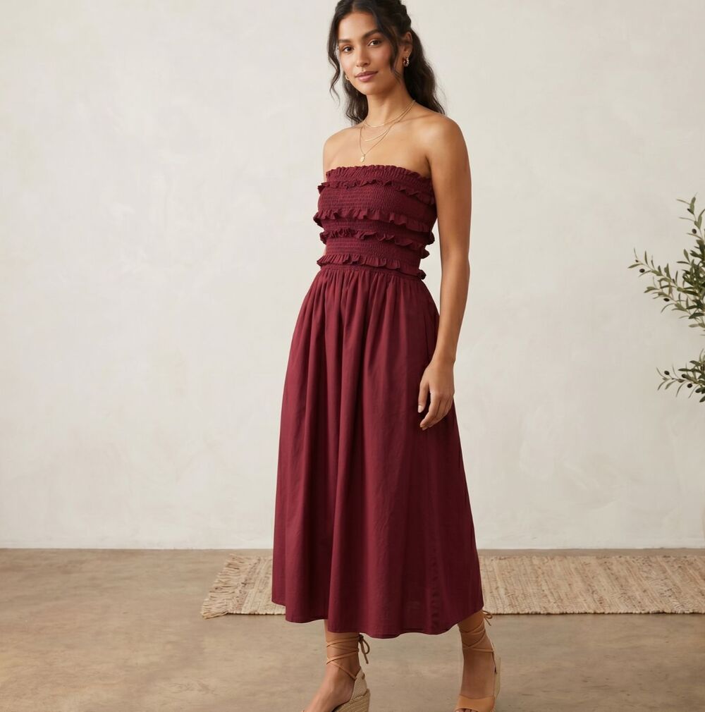 Pants Store Burgundy Ruffled Smocked Cotton Strapless Midi Dress Size Large